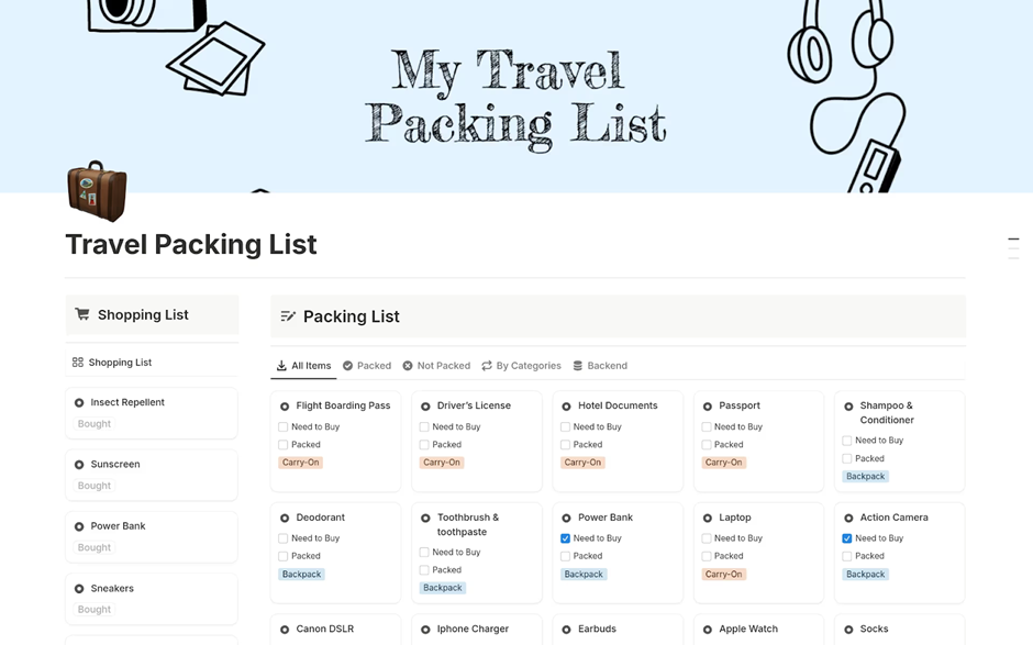 Travel Packing List Template: notion planner templates