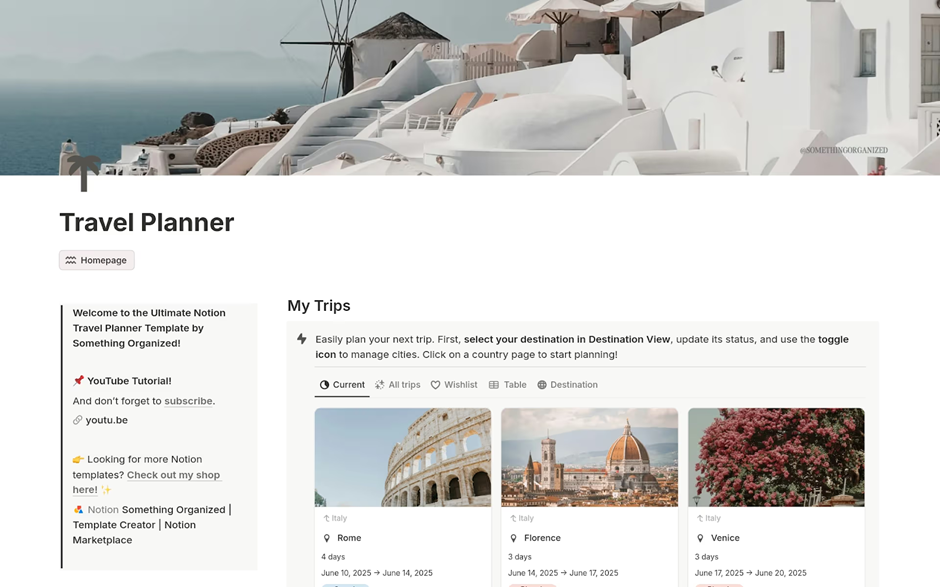 Travel Planner, Travel Itinerary, Bucket List Template: notion planner templates