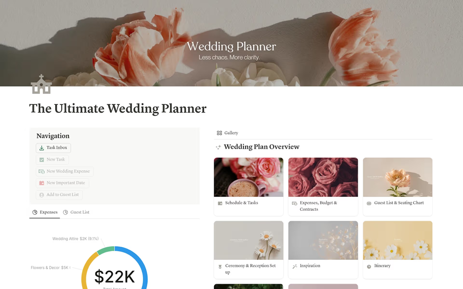 Wedding Planner Budget, Itinerary, Tasks & More Template: notion planner templates