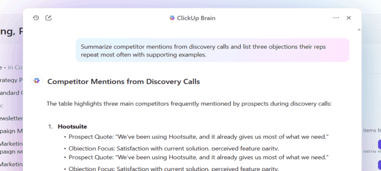 ClickUp Brain analyzing competitor mentions from discovery calls