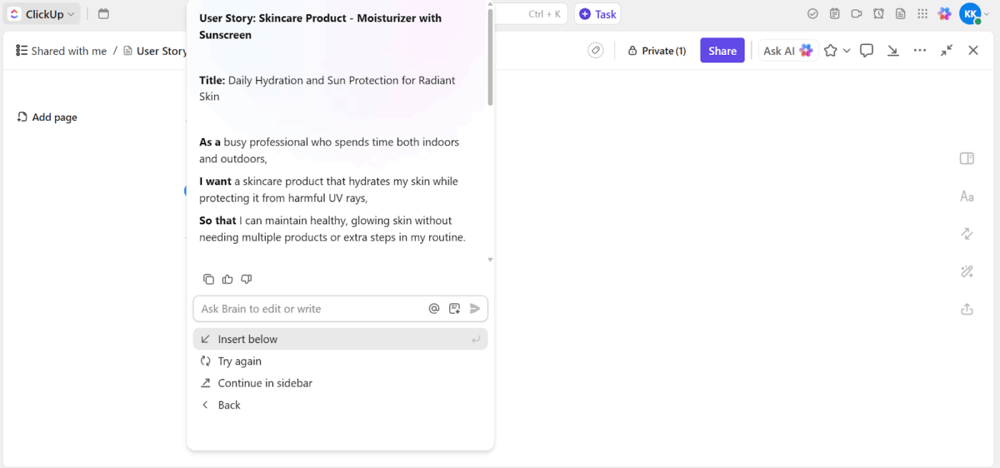 ClickUp Brain: Write with AI in just a few clicks