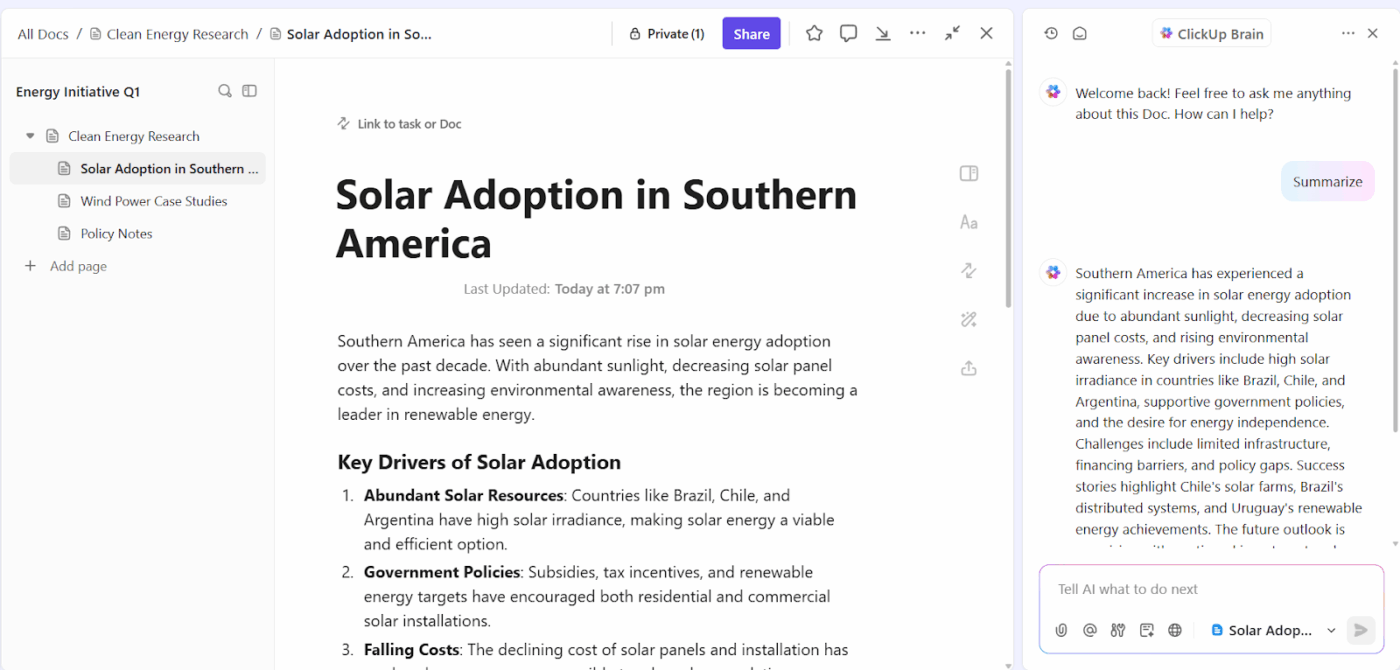 ClickUp Brain: Best for AI-powered summaries and standard operating procedures