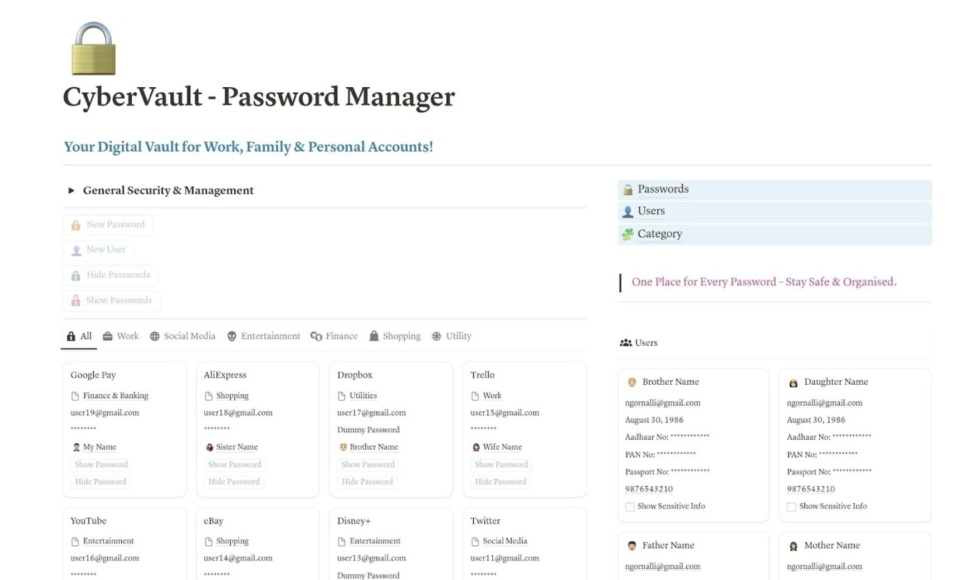 Notion Template for Personal Knowledge Management: Safely manage and track passwords and sensitive information