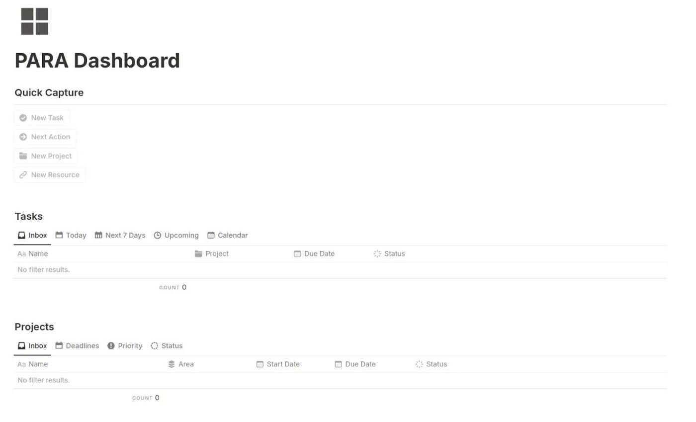 Notion PARA Dashboard Template: Organize Projects, Areas, Resources, and Archives for streamlined workflow