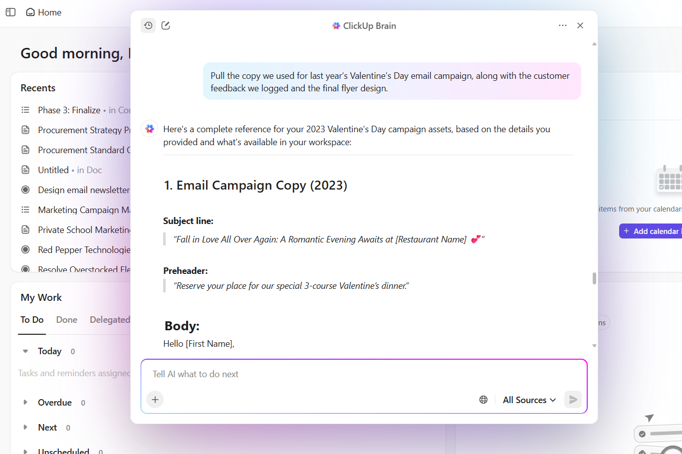 ClickUp Brain: Use the ClickUp Enterprise Search to get context from across your workspace 
