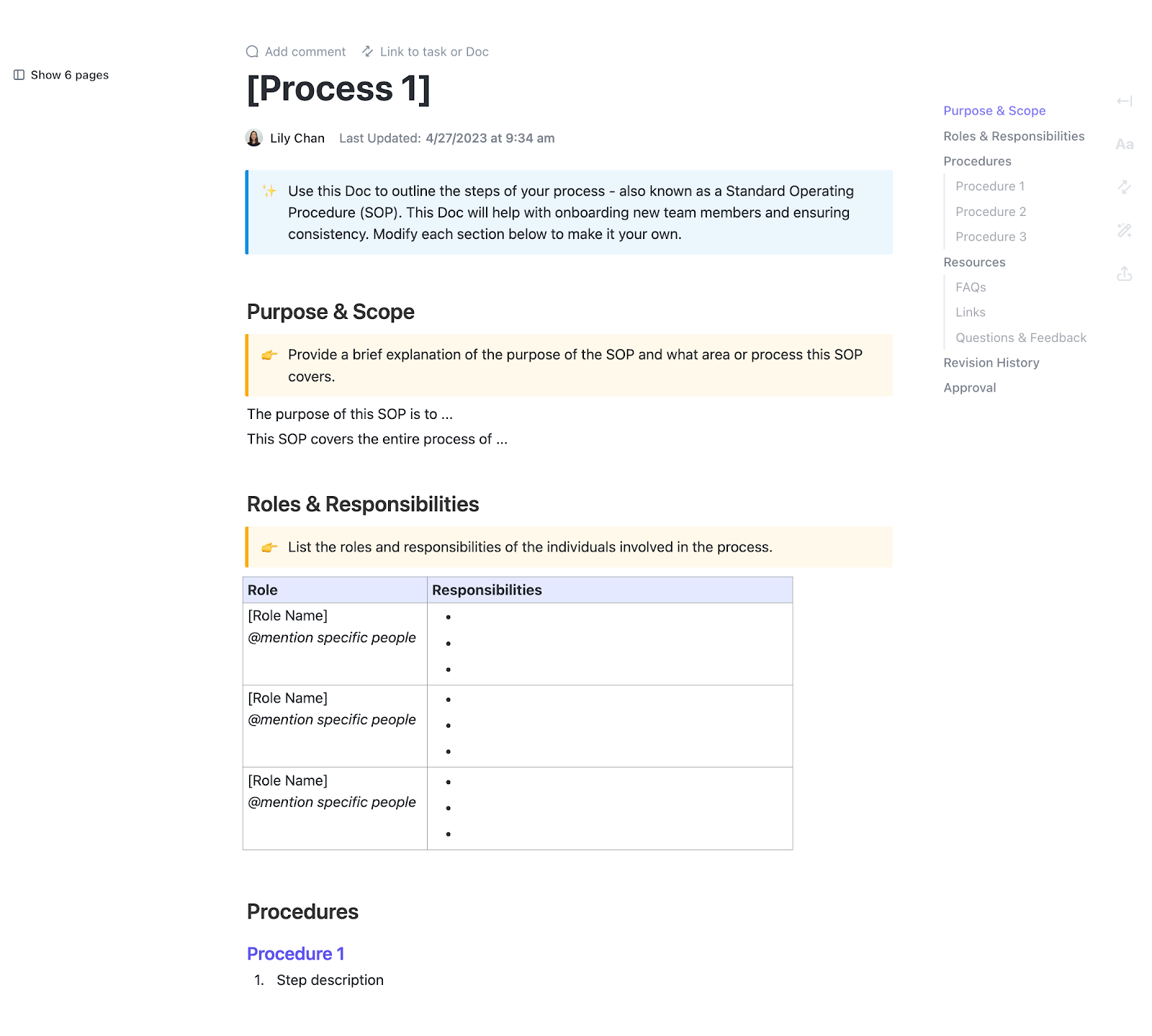 ClickUp Wiki Template: Collaborative wiki to centralize knowledge, select property fields for structured documentation