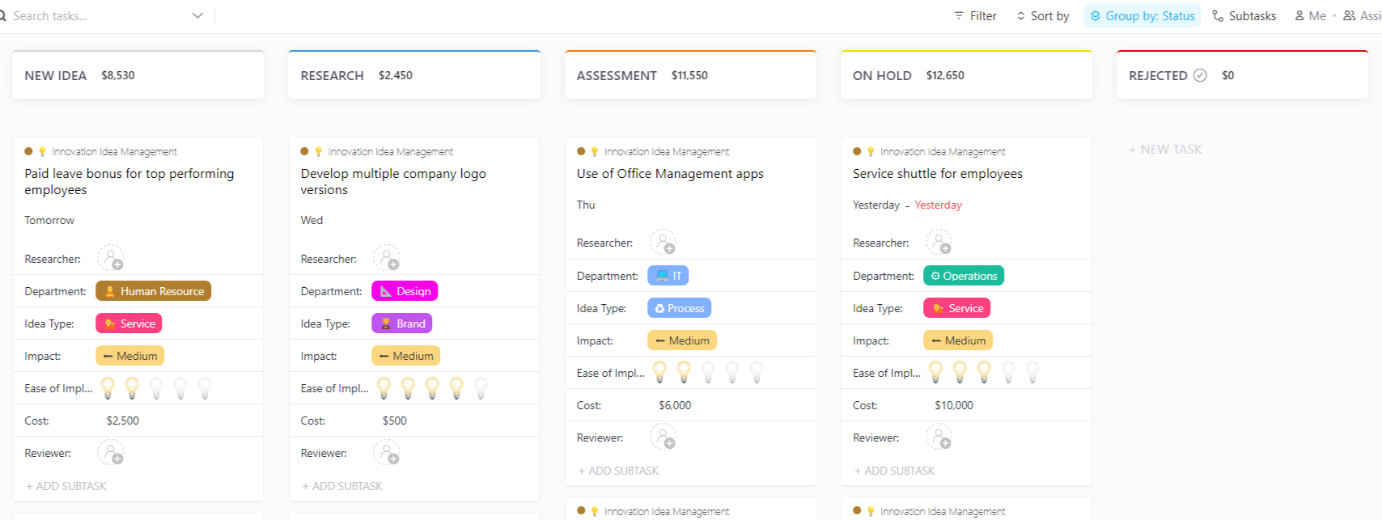 ClickUp Innovation Idea Management Template: Capture and track innovative ideas, stay productive, and prioritize points effectively