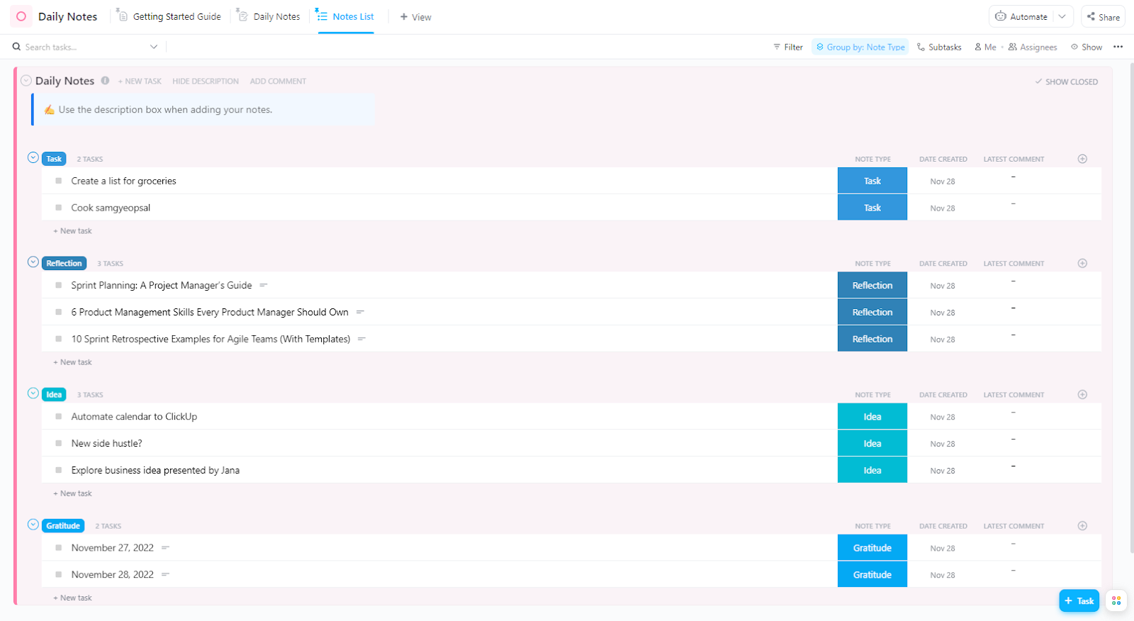 ClickUp’s Daily Notes Template: Record daily tasks and insights, avoid feeling overwhelmed, and organize your world