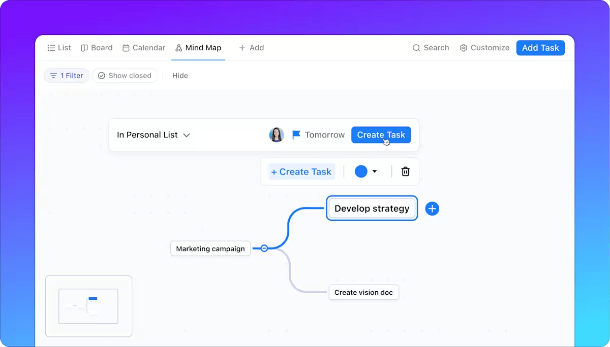 ClickUp Mind Maps: Creative brainstorming and execution combined to reduce mouse clicks