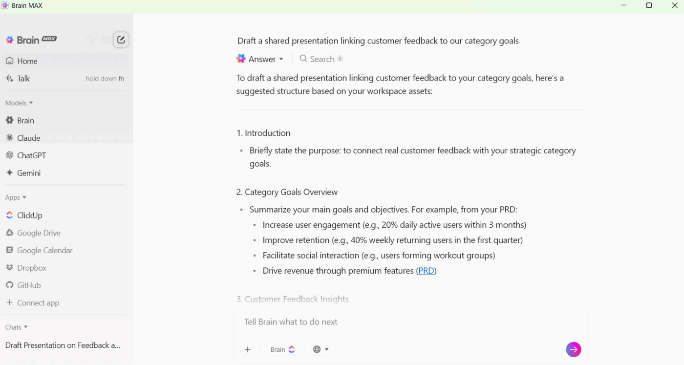 ClickUp Brain MAX: Use AI assistance to ensure your company successfully accomplishes its high-level strategic marketing goals