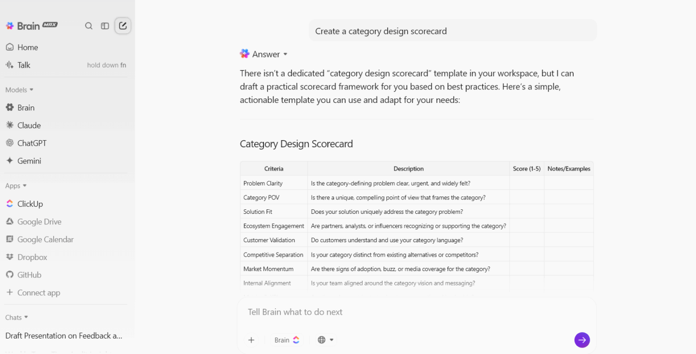 ClickUp Brain MAX: Prompt AI to create a category design scorecard
