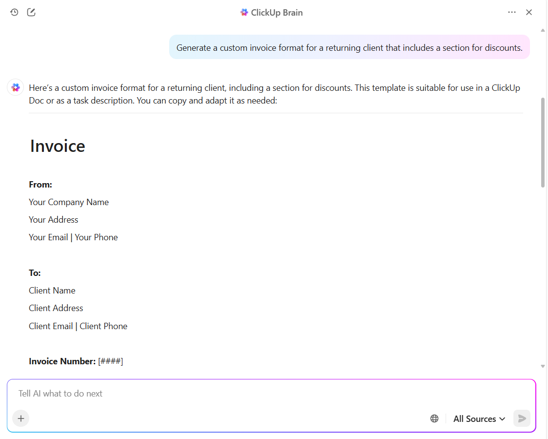 ClickUp Brain: Ask AI for CRM and invoicing assistance
