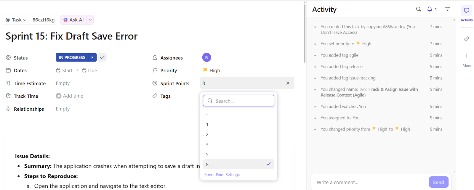 ClickUp Tasks: Encourage team members to create tasks throughout the review cycle to keep the code clear