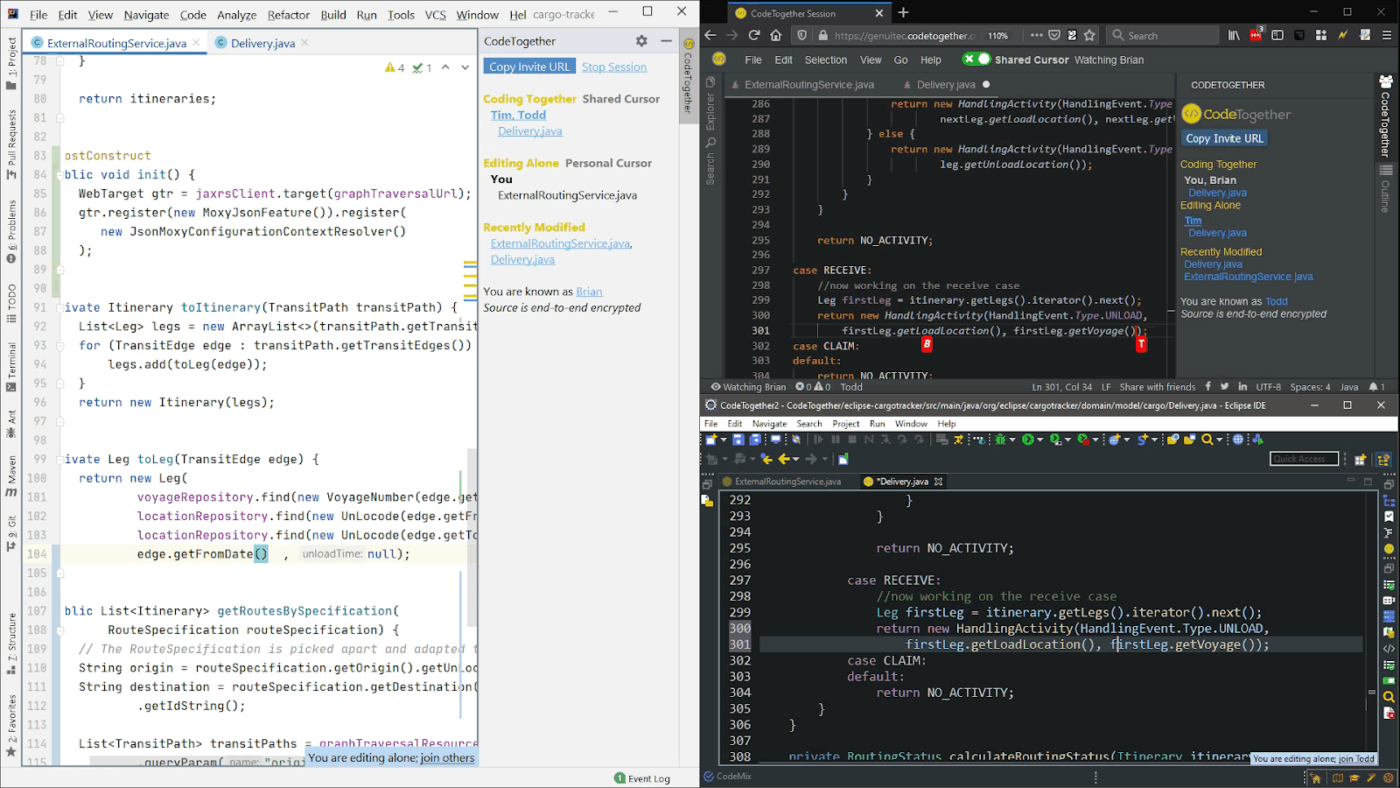 CodeTogether: CodeTogether live collaboration session with editors synced for one or more developers