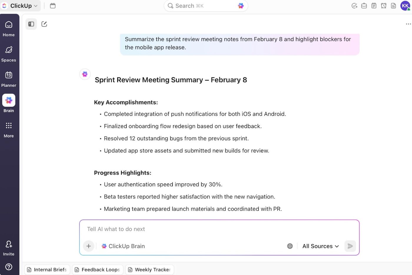 ClickUp Brain: Ask AI to give you next steps on a multiple choice scale for the project's success