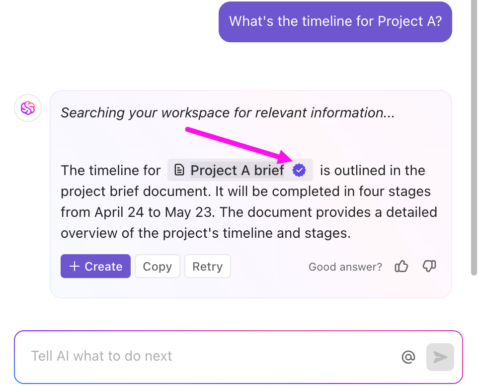 Find relevant answers quickly from your workspace using ClickUp Brain