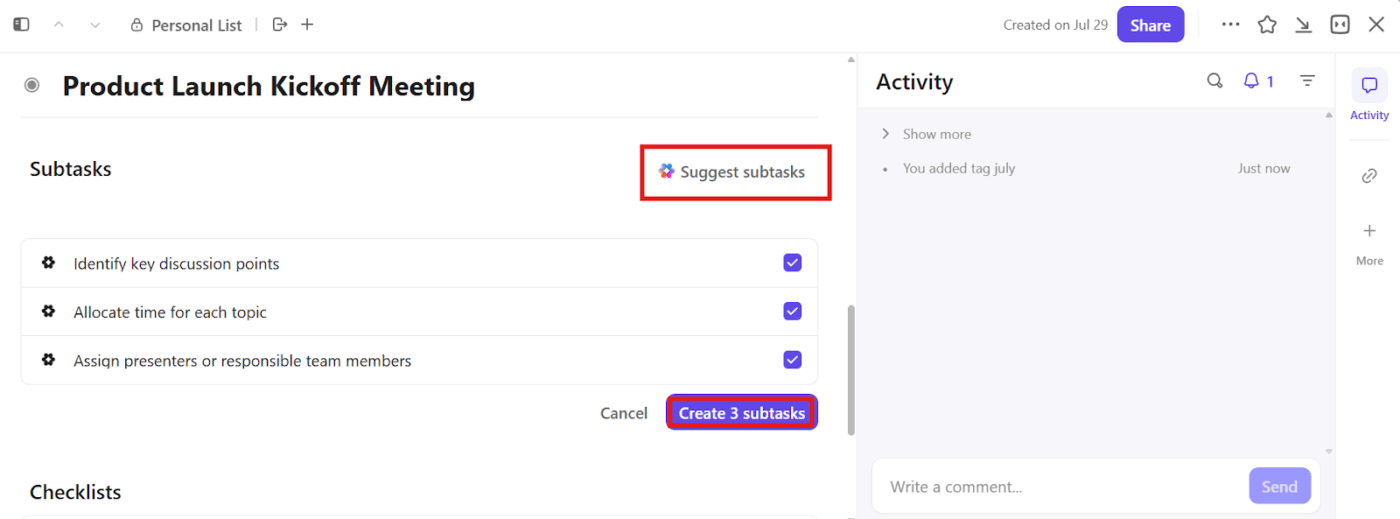 ClickUp Brain: divide el título de tu tarea en subtareas generadas por IA al instante.