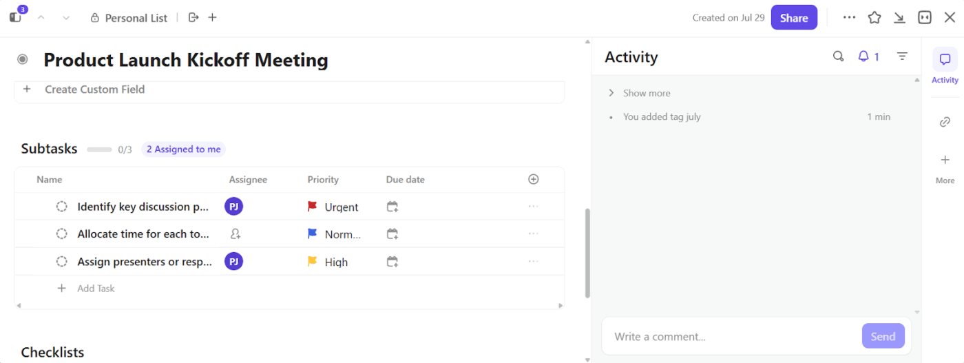 Tareas de ClickUp: mantén las subtareas con visibilidad y organizadas dentro del diseño de la tarea principal.