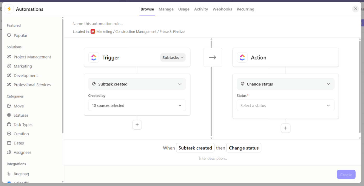 ClickUp Automatización: rellene subtareas con facilidad.