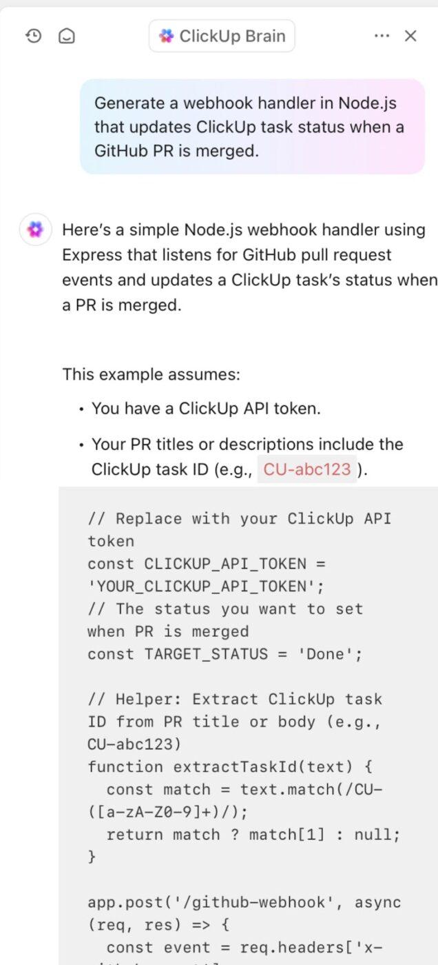 Let ClickUp Brain assist with generating source code snippets to accelerate your source code management process