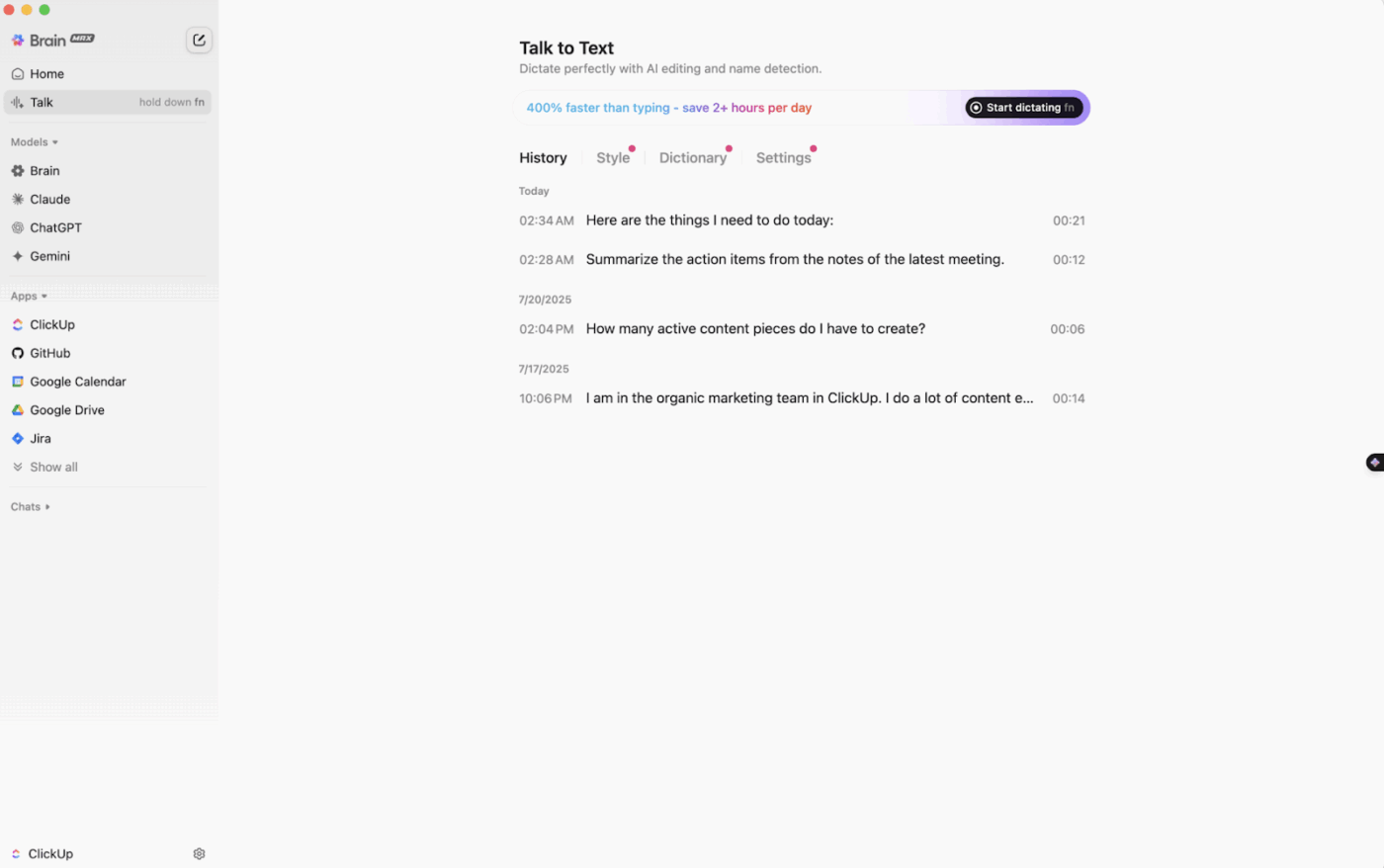 Convert spoken words into text with ClickUp Brain MAX