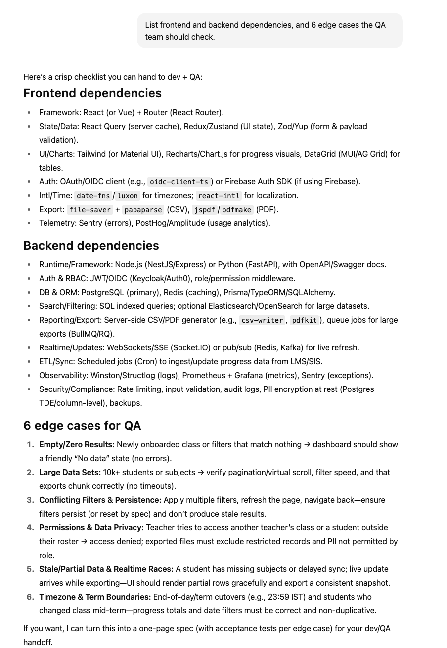 List frontend and backend dependencies for your dashboard
