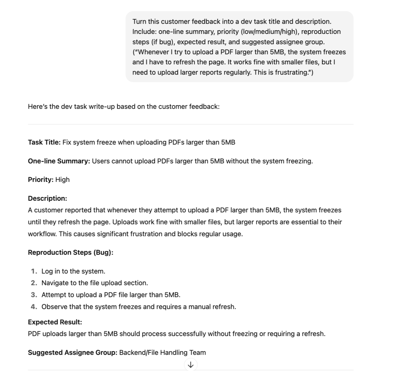 Convert customer feedback into a dev task : AI Prompting Techniques