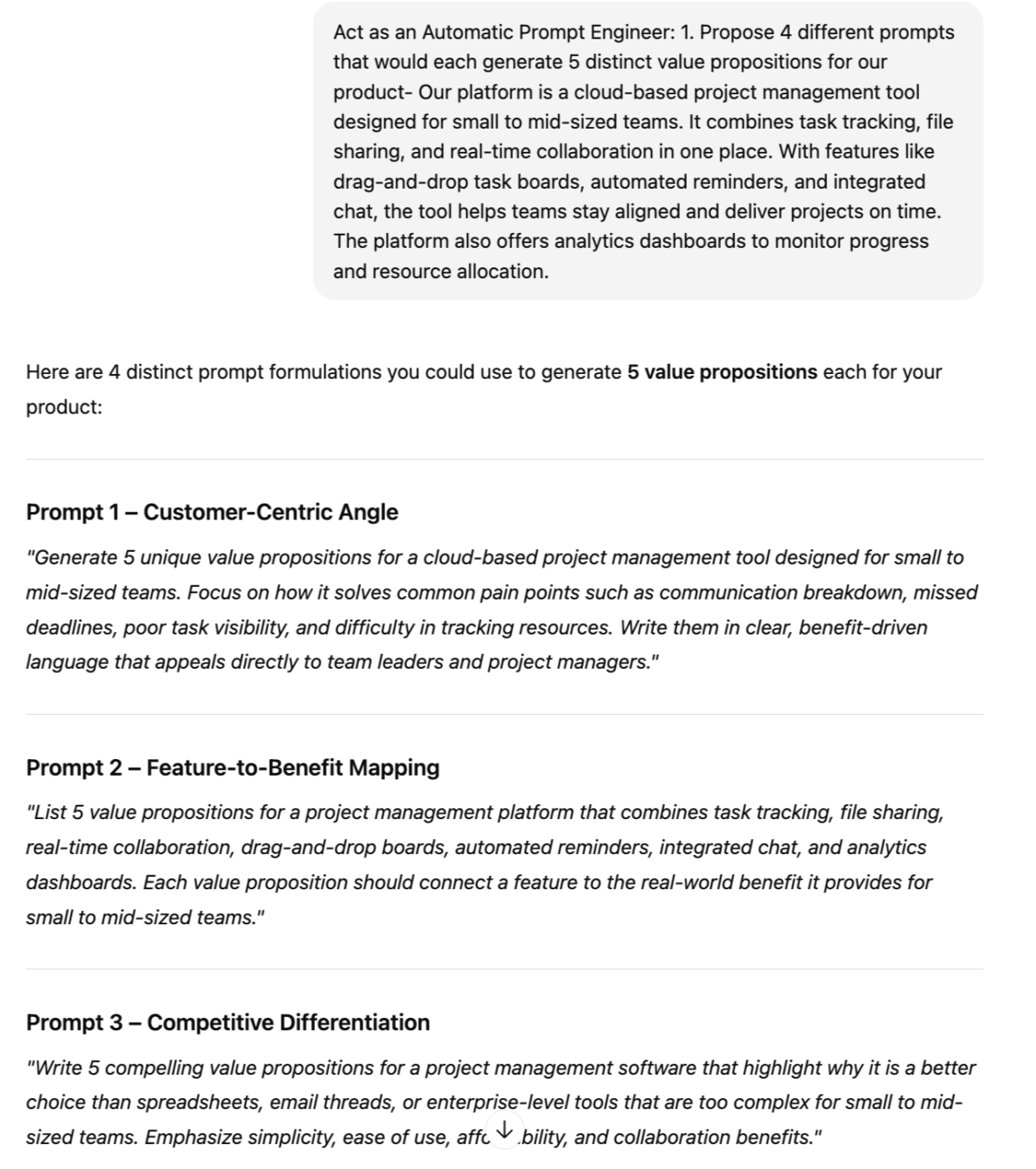 Generate value propositions for your product : AI Prompting Techniques