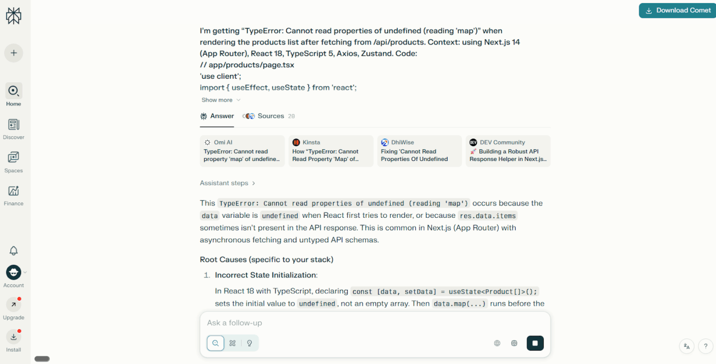 Perguntas sobre erros de código e outras questões para um melhor desenvolvimento de software com os prompts da Perplexity AI.