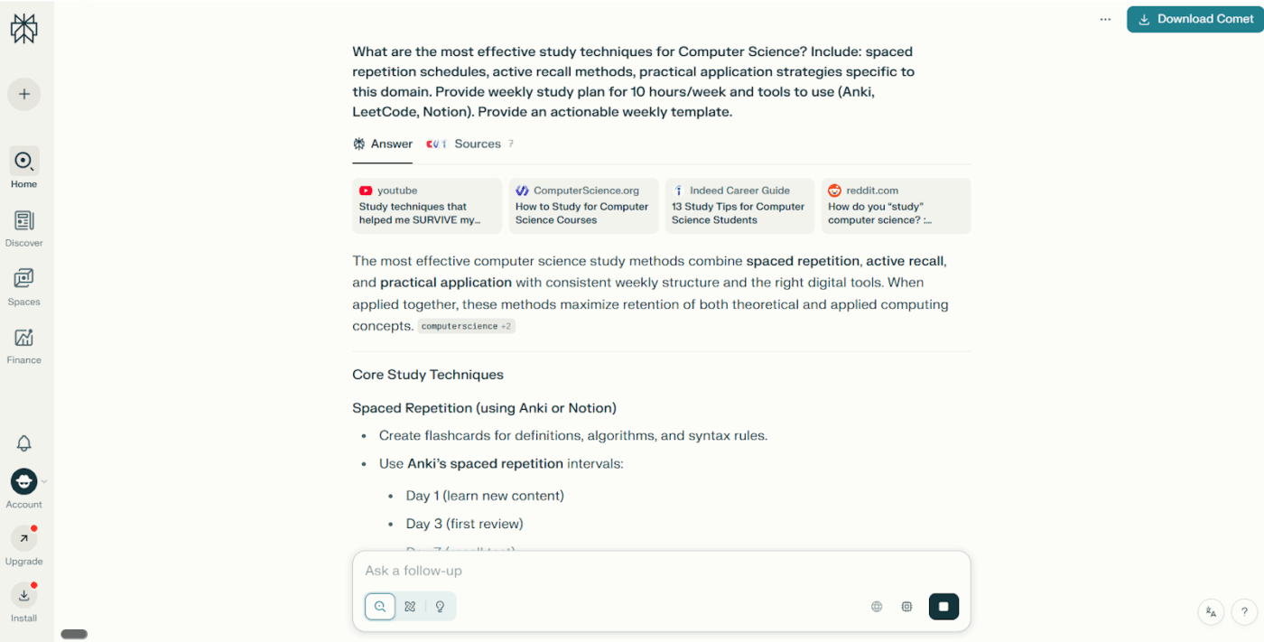 Perguntas sobre técnicas de estudo e planos de autoaprendizagem usando os prompts do Perplexity AI
