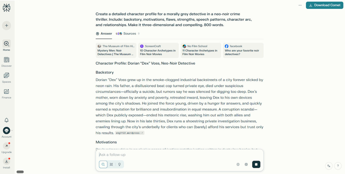 Sugestões de escrita criativa para o Perplexity AI