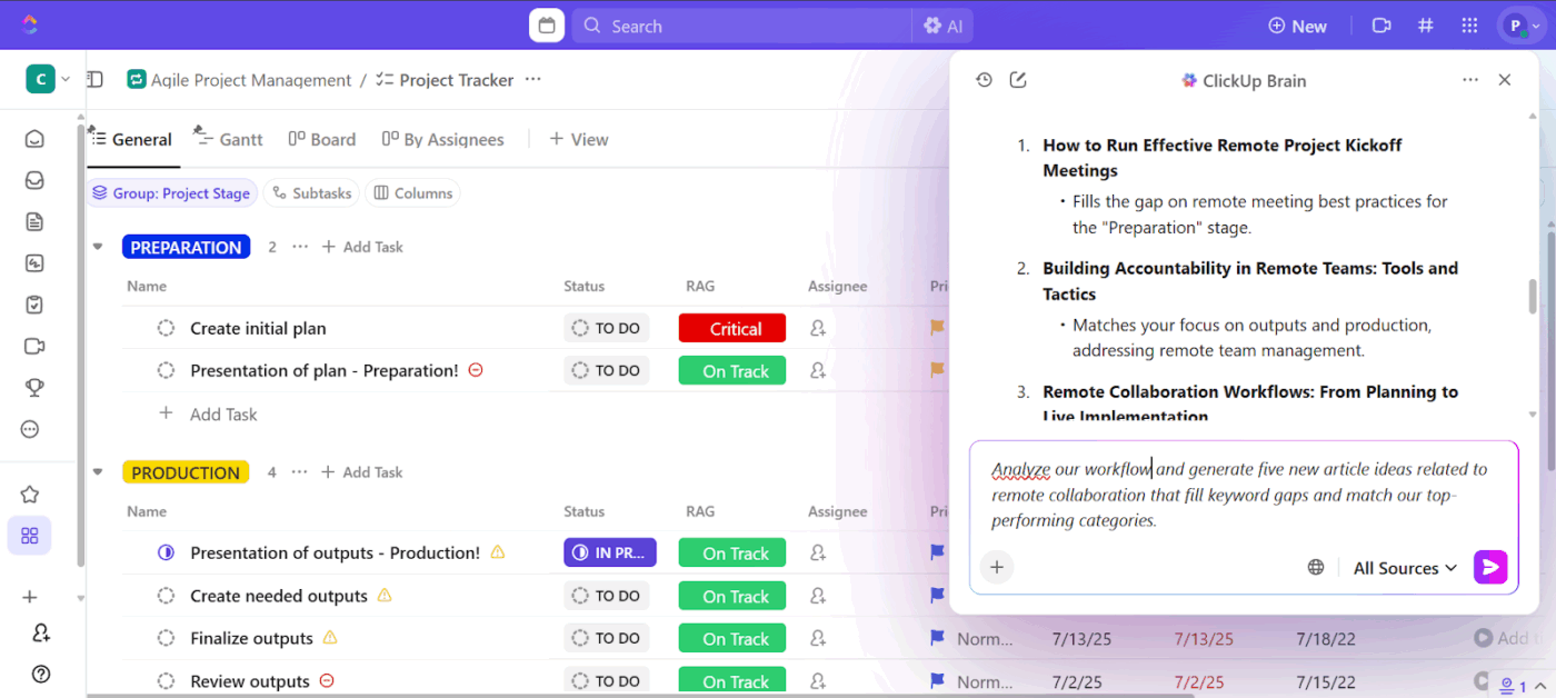 ClickUp Brain: gere ideias de conteúdo altamente contextuais com base no seu plano de marketing