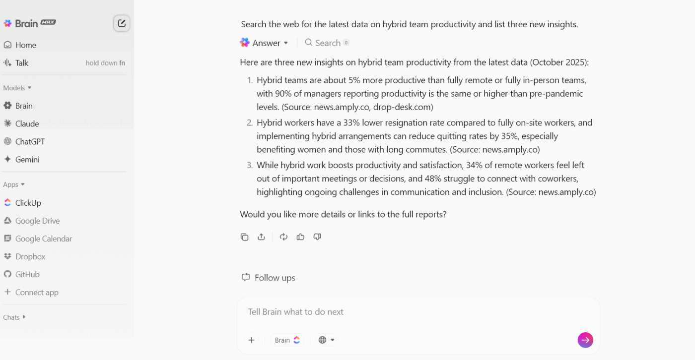 ClickUp Brain MAX: pesquise em ferramentas de IA e páginas da web para obter insights sobre o seu tema de pesquisa.