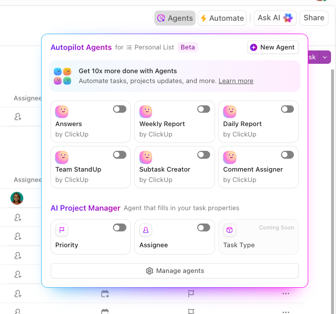 Agentes do ClickUp Autopilot: gerencie trabalhos repetitivos com facilidade