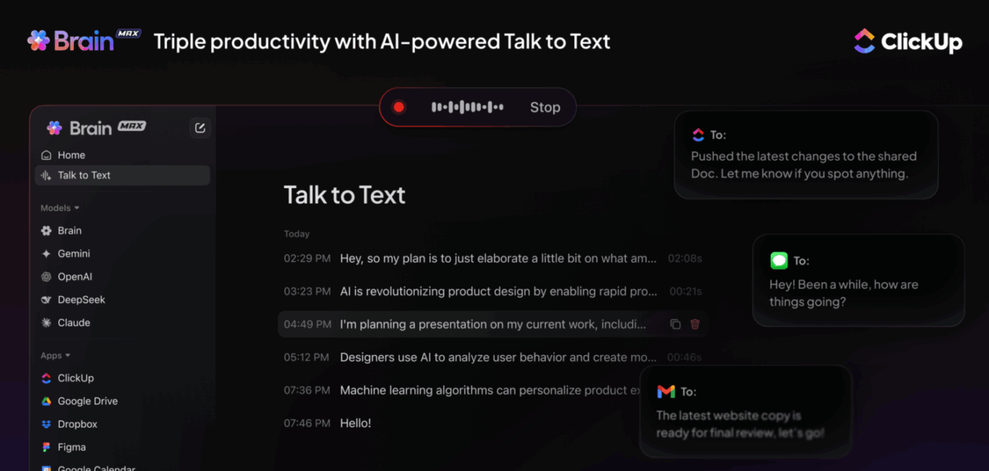ClickUp Brain MAX: Use its Talk to Text technology to turn voice into action