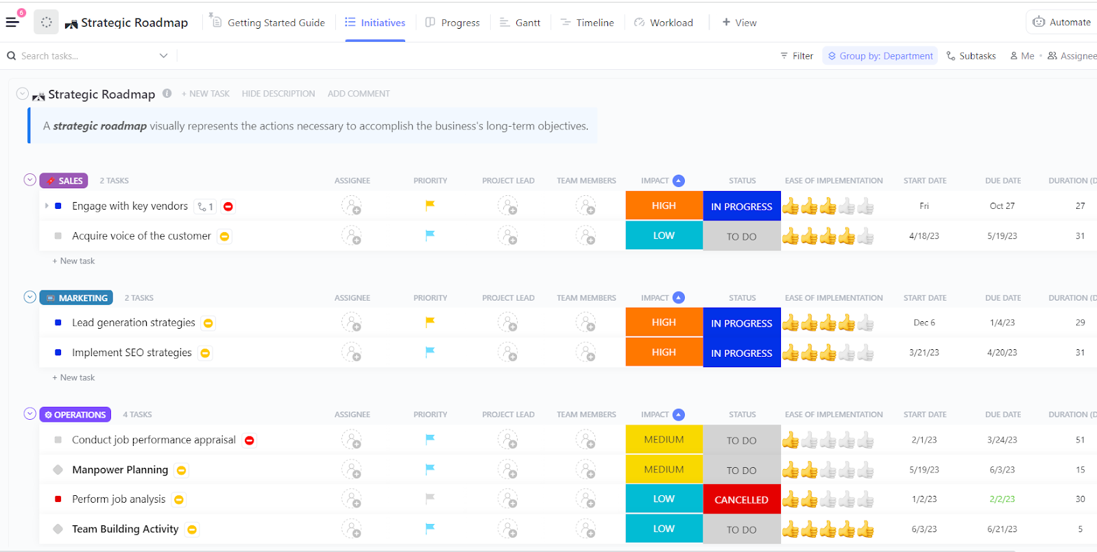 ClickUp Roadmap Template for Government and Policymakers: Plan initiatives, allocate resources, and track progress optimally