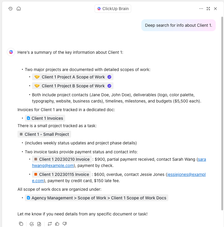 ClickUp Brain: Use its Deep Search to get all context from across your workspace