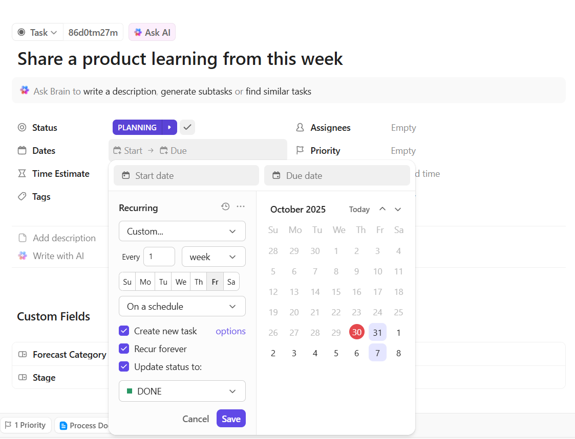 ClickUp Recurring Tasks: LinkedIn automation to keep up with industry trends and post regularly