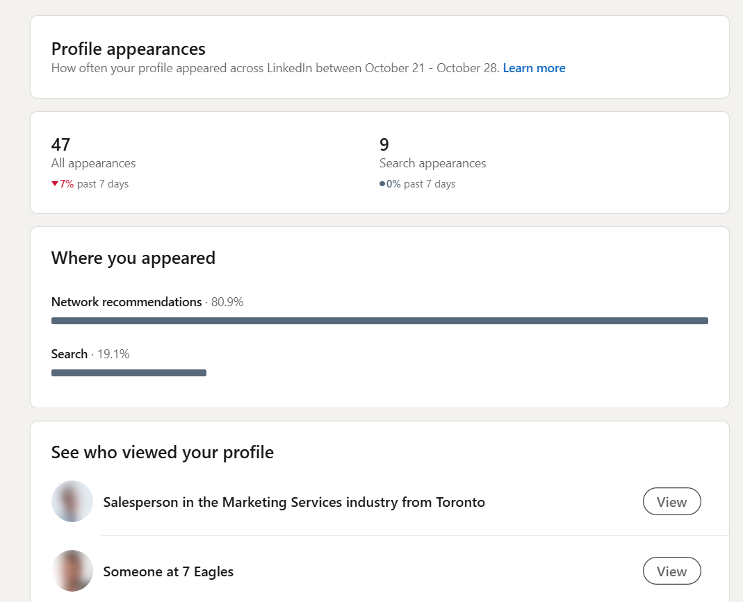 Profile appearances on LinkedIn