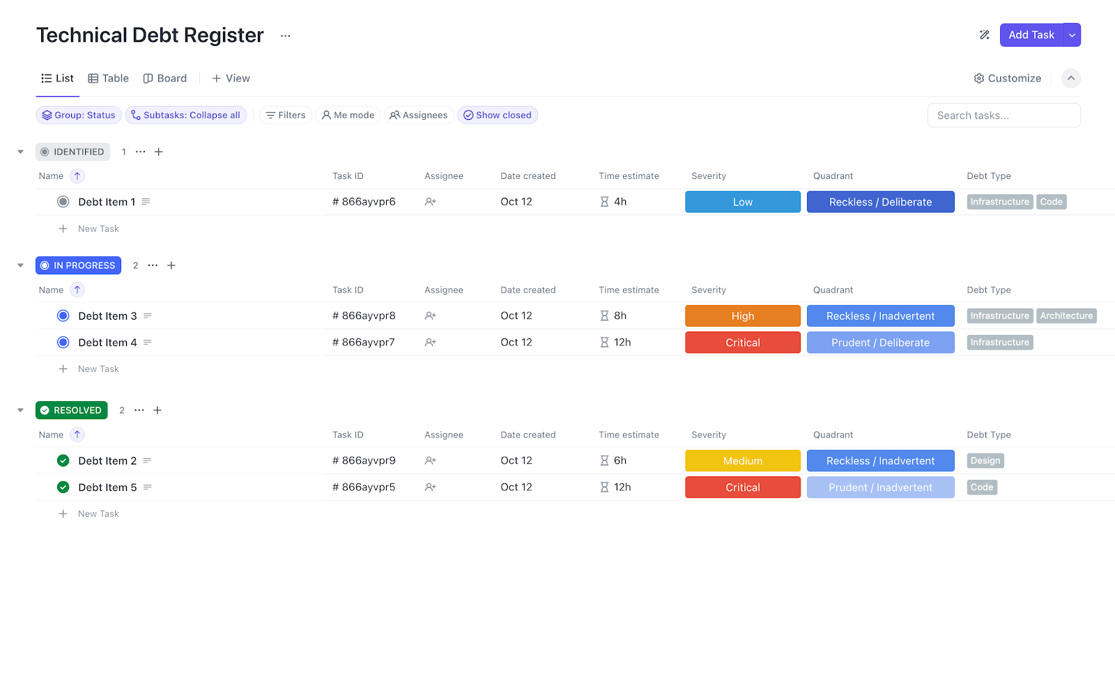 ClickUp Tech Debt Register Template: Safety net for engineering teams