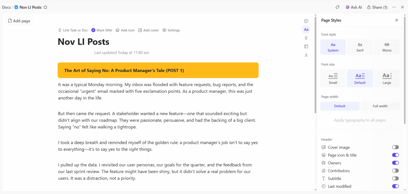 ClickUp Docs: How to grow your LinkedIn brand as a PM and showcase your professional life