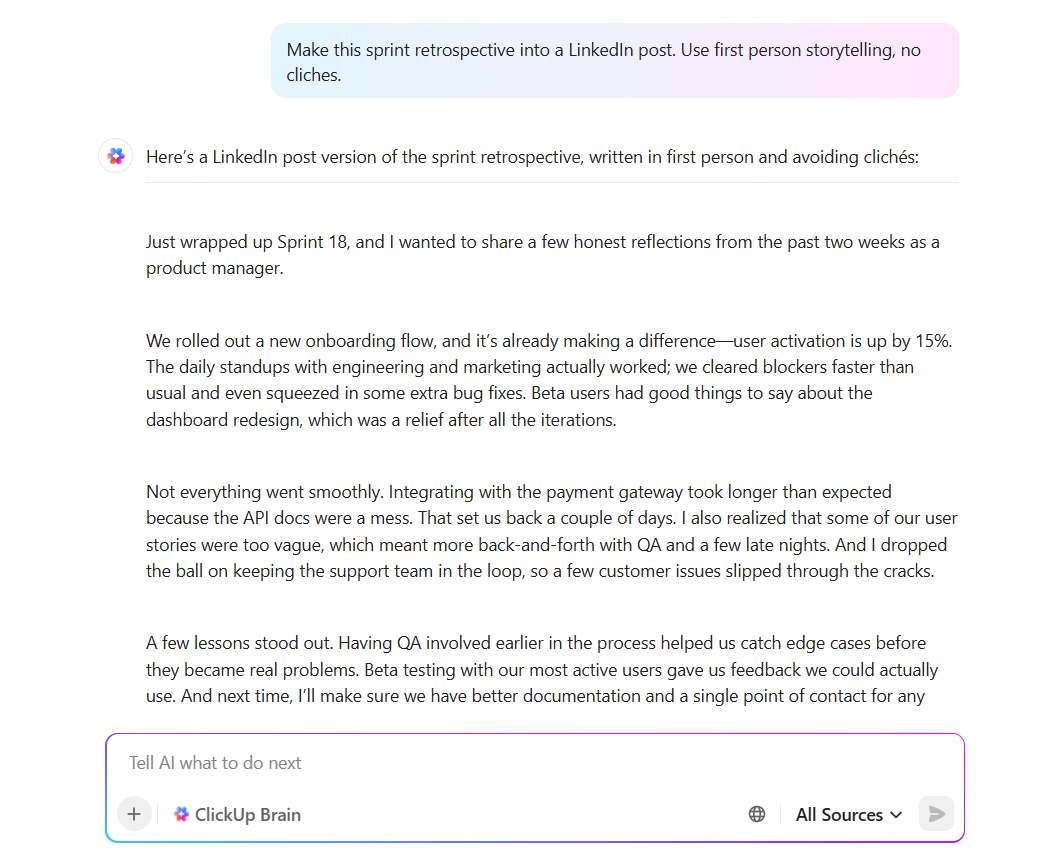ClickUp Brain: Grow your LinkedIn personal brand as a product manager and write posts with AI