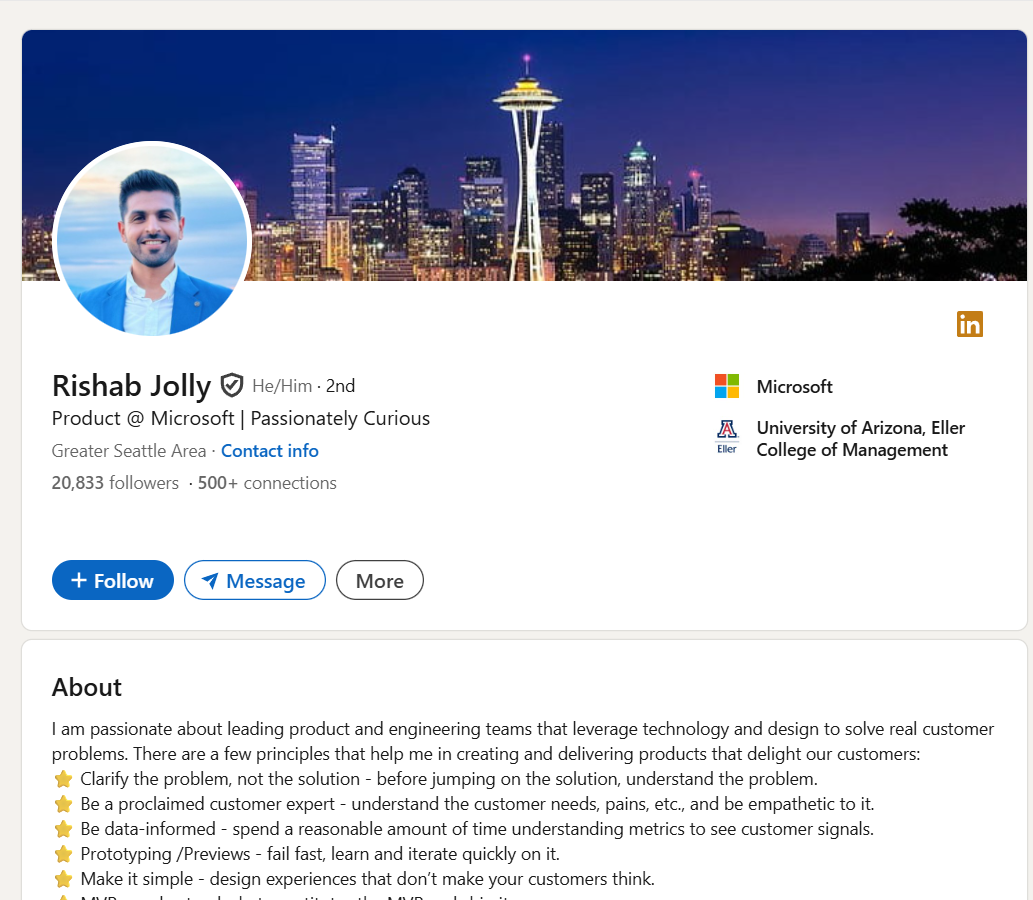 Rishab Jolly's profile picture with LinkedIn banner of a city