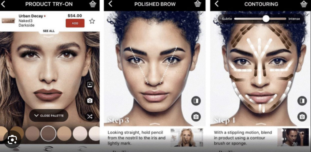 Sephora virtual artist tool where users explore makeup options + users complete trial