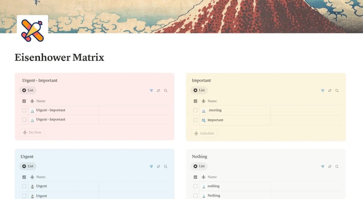 Notion Template for Personal Knowledge Management: Organize tasks by urgency and importance to prioritize effectively