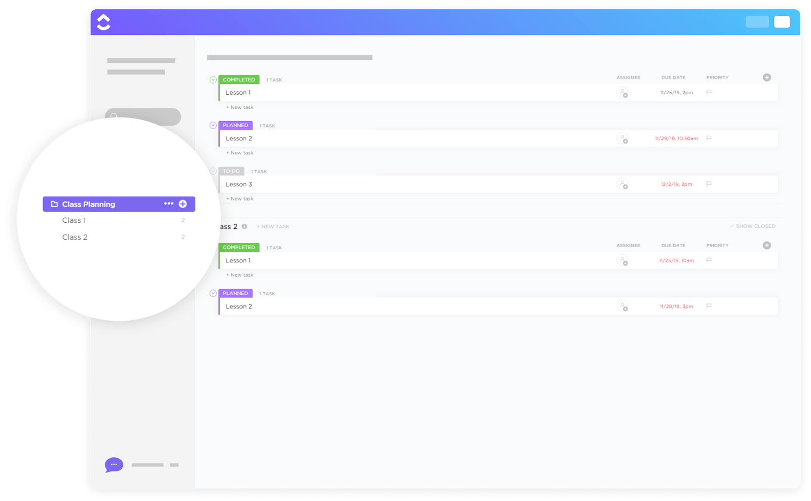 ClickUp Class Planning Template: Class planning format for multiple subjects to assign tasks, resources, and deadlines