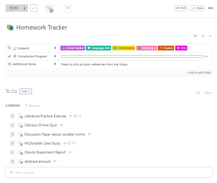 ClickUp Homework Tracker Template: Homework tracker format to fill assignments, due dates, and monitor student progress