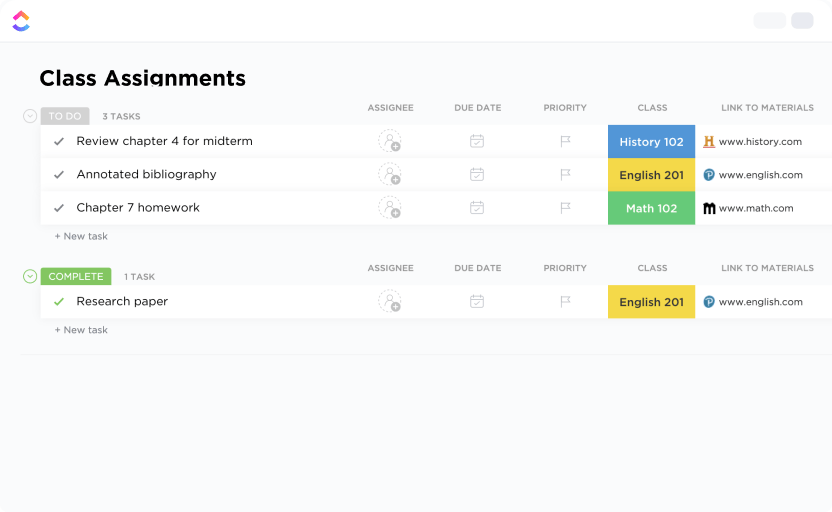 ClickUp Class Assignments Template: Assignment tracker format to organize tasks, group projects, and track completion