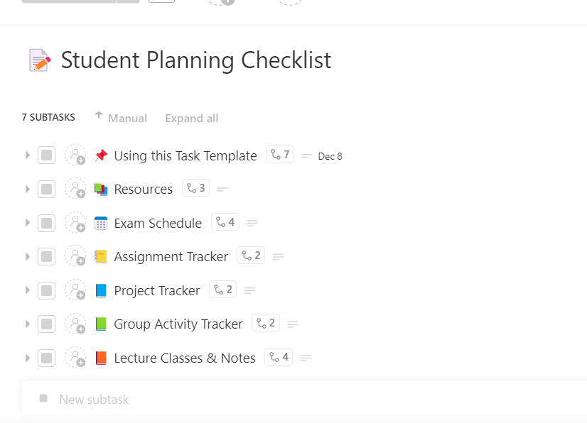 ClickUp Student Planning Checklist Template: Planning checklist format to fill, track tasks, and monitor student activities