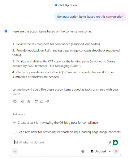 Summarizing action items with ClickUp Brain: ideation techniques